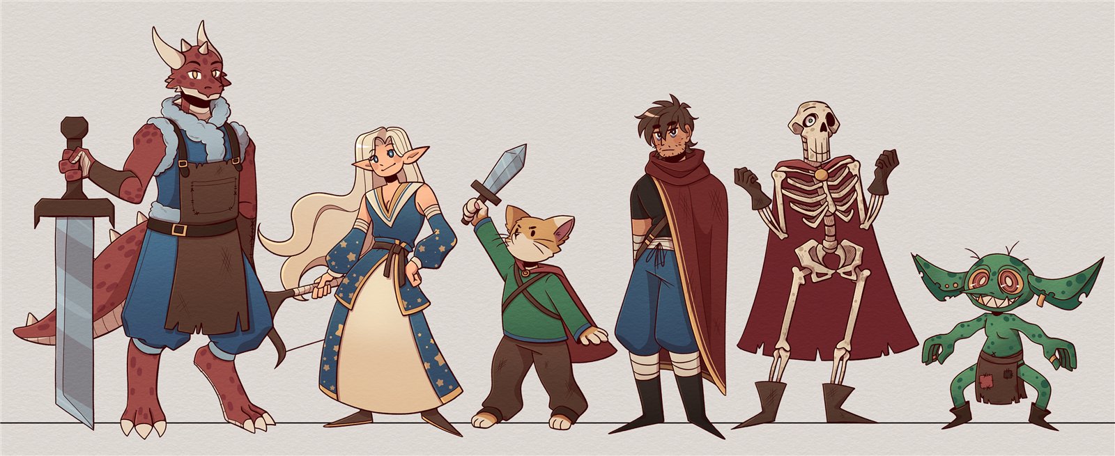 The Tale Raiders party: a dragonborn warrior, an elven mage, a sword-wielding cat, a cloaked adventurer, a skeleton, and a goblin.